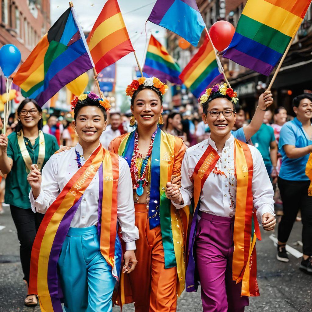 A vibrant street parade showcasing a diverse group of LGBTQ individuals celebrating their Gaysian pride, adorned in colorful traditional outfits and rainbow accessories, holding flags that blend Asian and LGBTQ symbols. The background features a festive atmosphere with confetti, banners, and a sense of community love and acceptance. Bright colors and joyful expressions enhance the energy of the scene. super-realistic. vibrant colors. 3D.