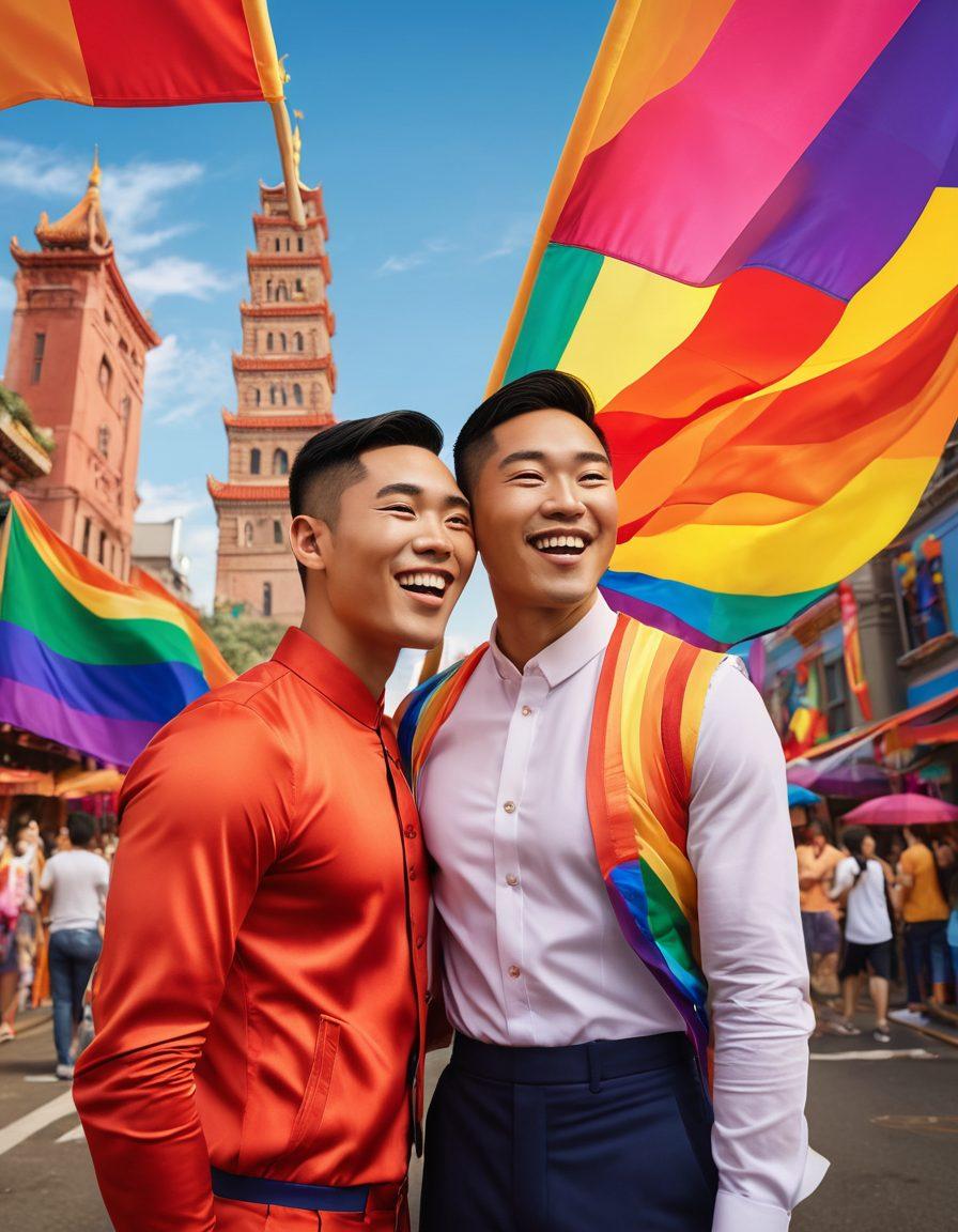 A vibrant celebration scene showcasing diverse members of the Gaysian community, intertwined with elements of LGBTQ culture like rainbow flags and symbols of pride. Capture their joyful expressions and unity against a colorful backdrop featuring iconic landmarks representing both Asian and LGBTQ heritage. Include diverse fashion styles and artistic representation of love and acceptance. bright colors. super-realistic. celebratory atmosphere.