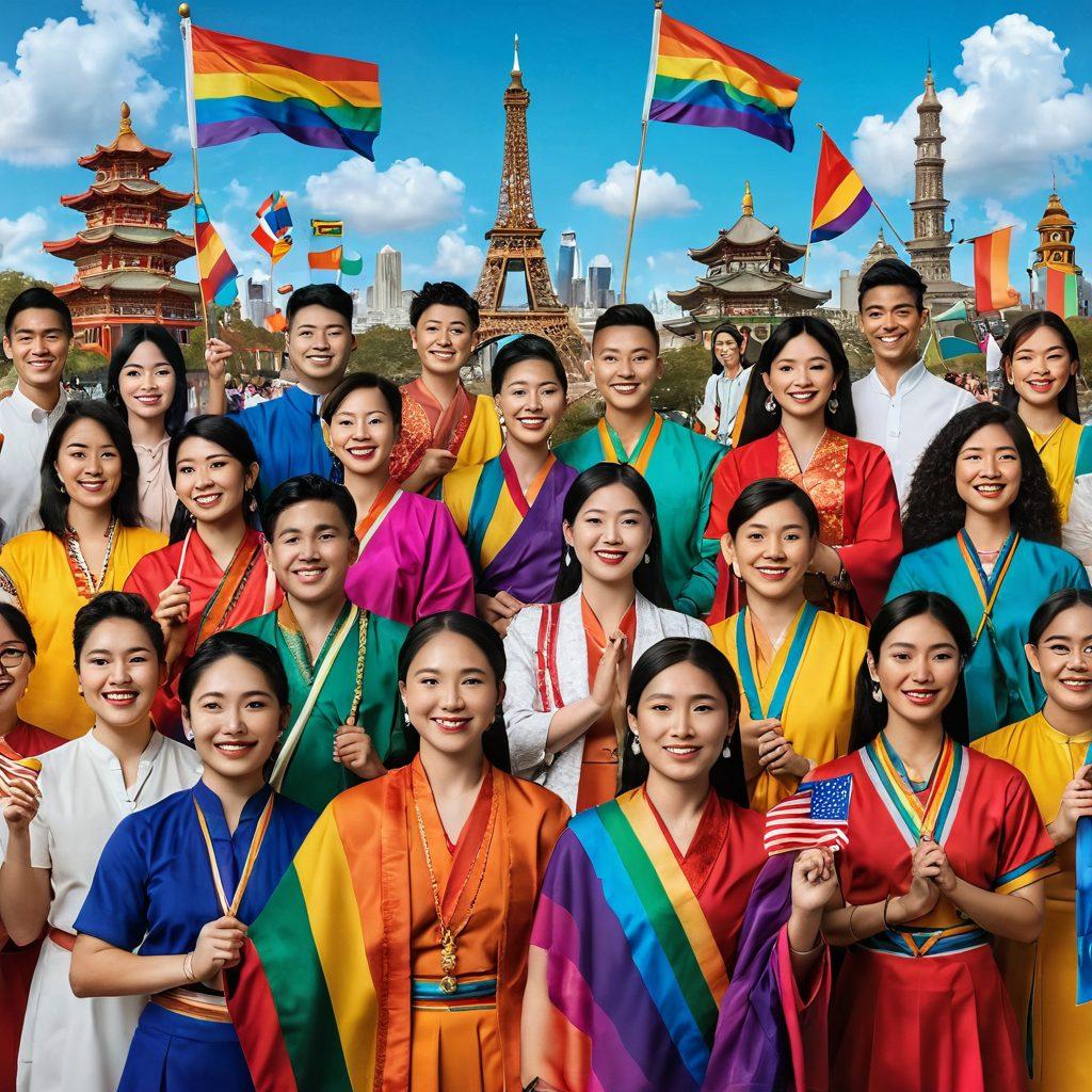 A vibrant collage showcasing a diverse group of Gaysian individuals celebrating their culture, dressed in colorful traditional attire, holding flags representing both LGBTQ+ and their Asian heritage. The background features iconic landmarks from various Asian countries, intertwined with rainbow elements, symbolizing unity and pride. The scene radiates joy and inclusivity, inviting viewers into a celebration of identity. super-realistic. vibrant colors. cultural montage.